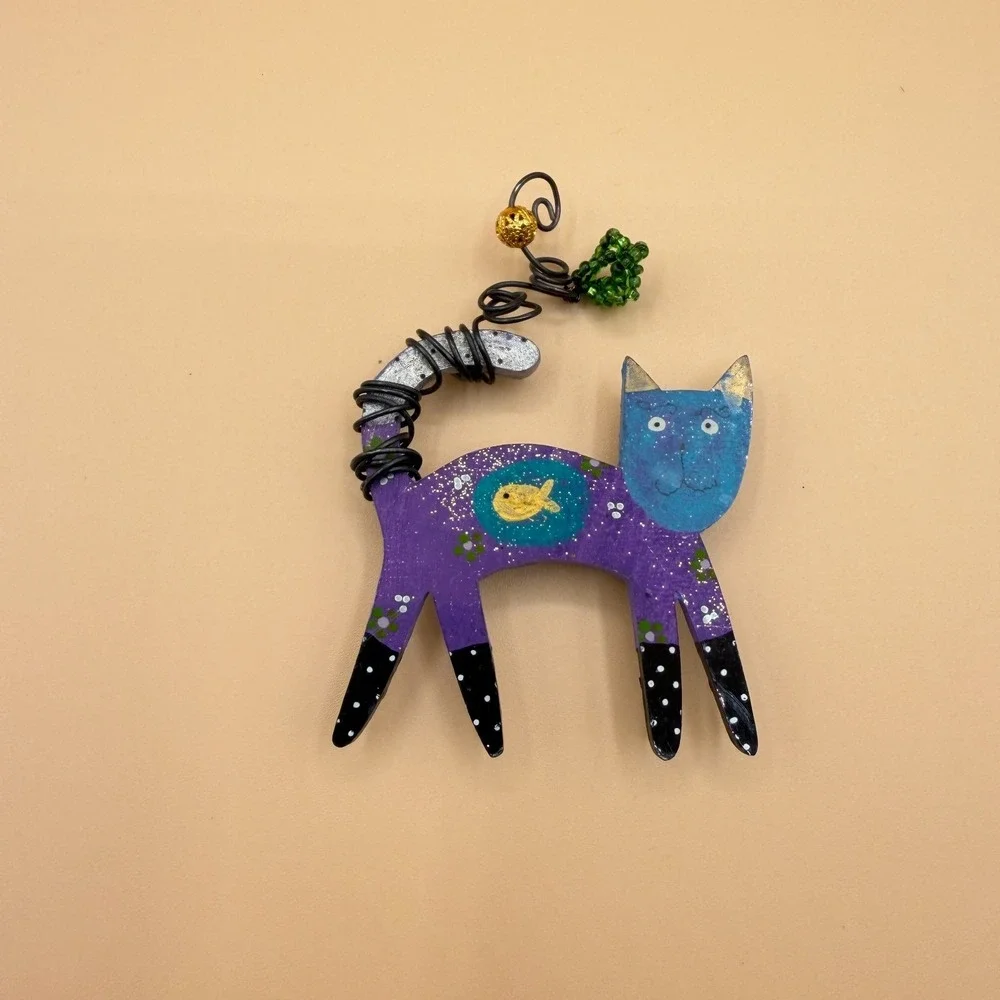 Whimsical Purple Blue Cat Brooch Pin Painted Wood Fish Wire Tail Folk Art Gift